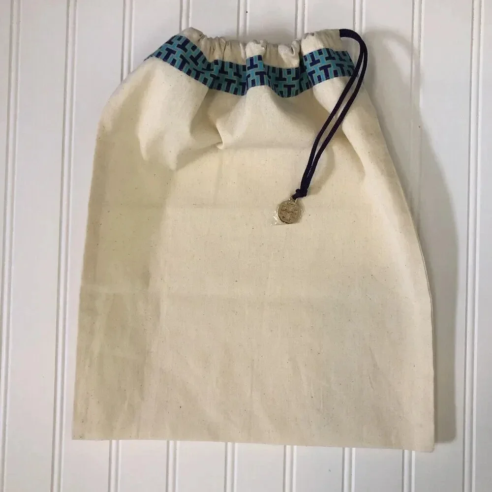 Tory Burch Beige Dust Bag 100% Cotton Drawstring Gold Tone Logo Charm 11.5”x 14”